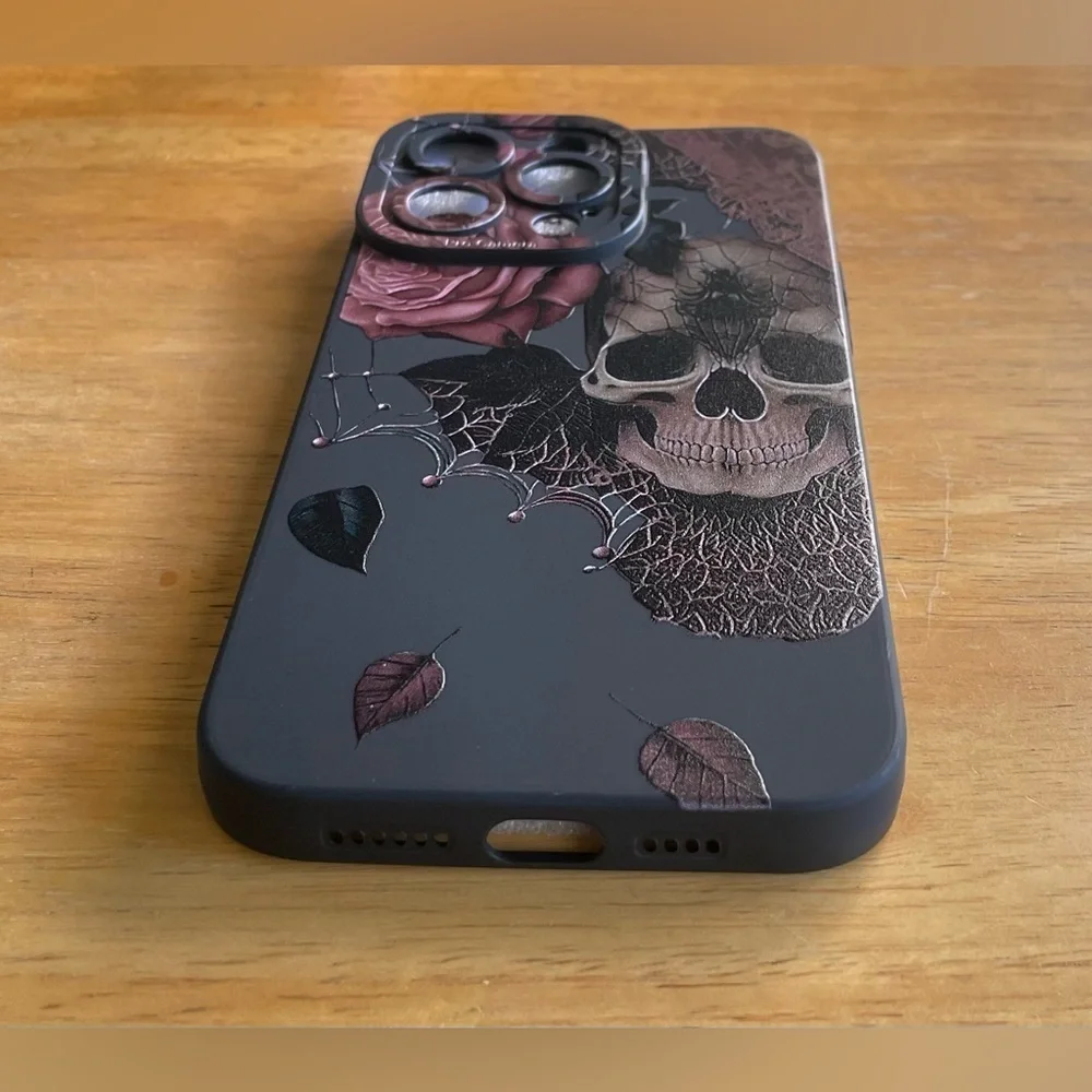 Black Skull and Flower Phone Case Available for iPhone 13 & iPhone 15 Pro Max - Picture 5 of 5